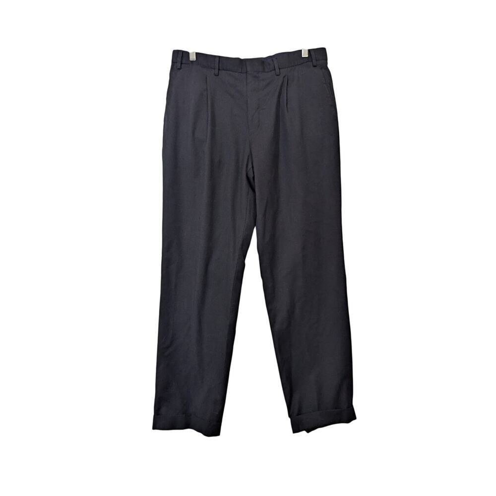 Faconnable Men's Wool Dress Pants Pleated Cuffed Hem Size 36 R Navy Blue E